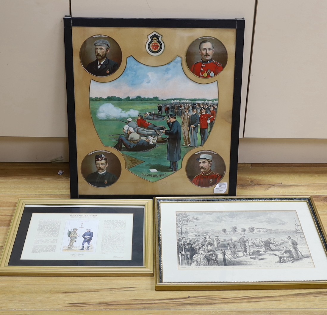 Three framed rifle association prints Including the Queens Prize chromolithograph, Bisley 1895 and 5 related books